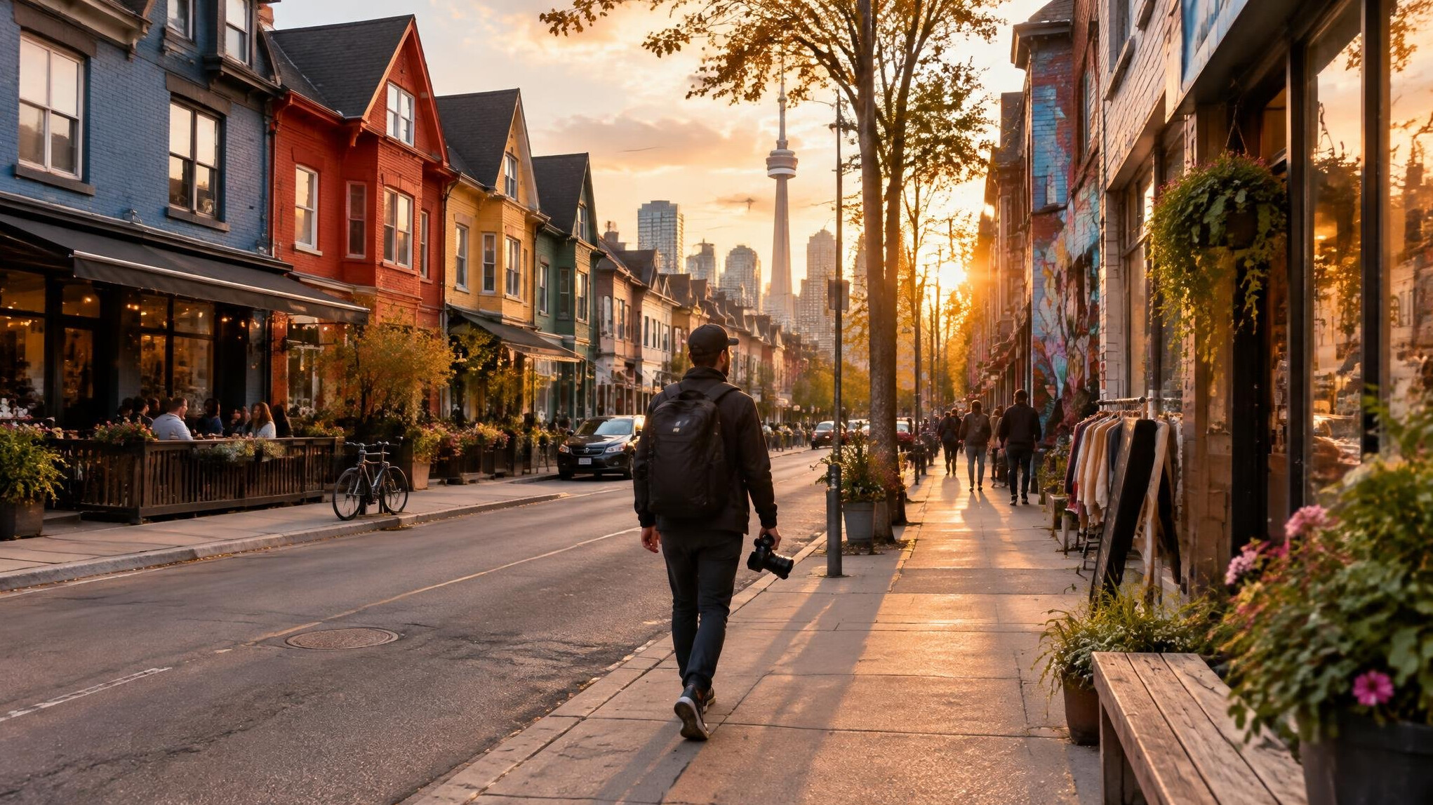 Photographer walking down a colorful street in a Canadian city at golden hour