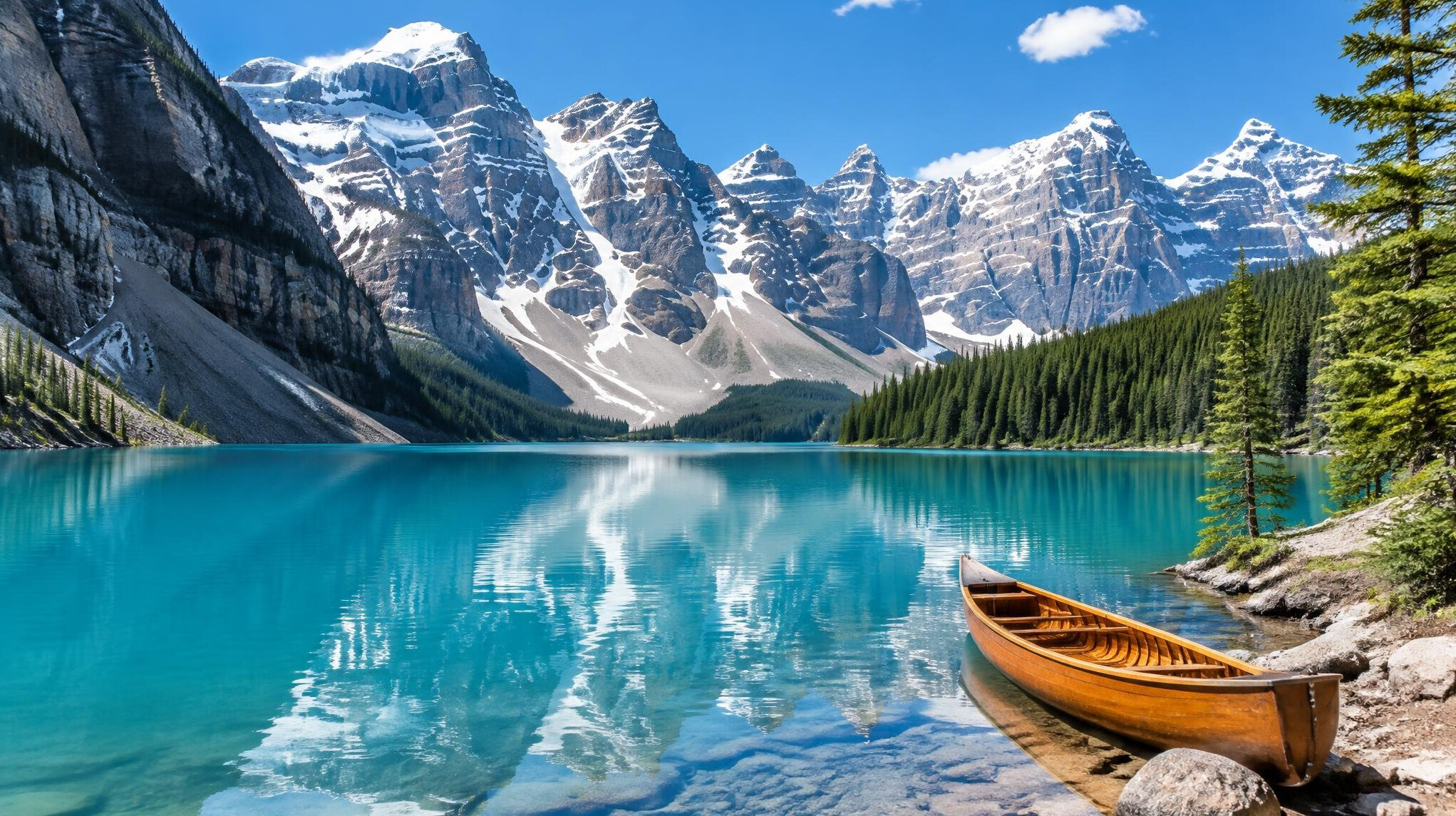 Turquoise glacial lake surrounded by snow capped mountains near Banff
